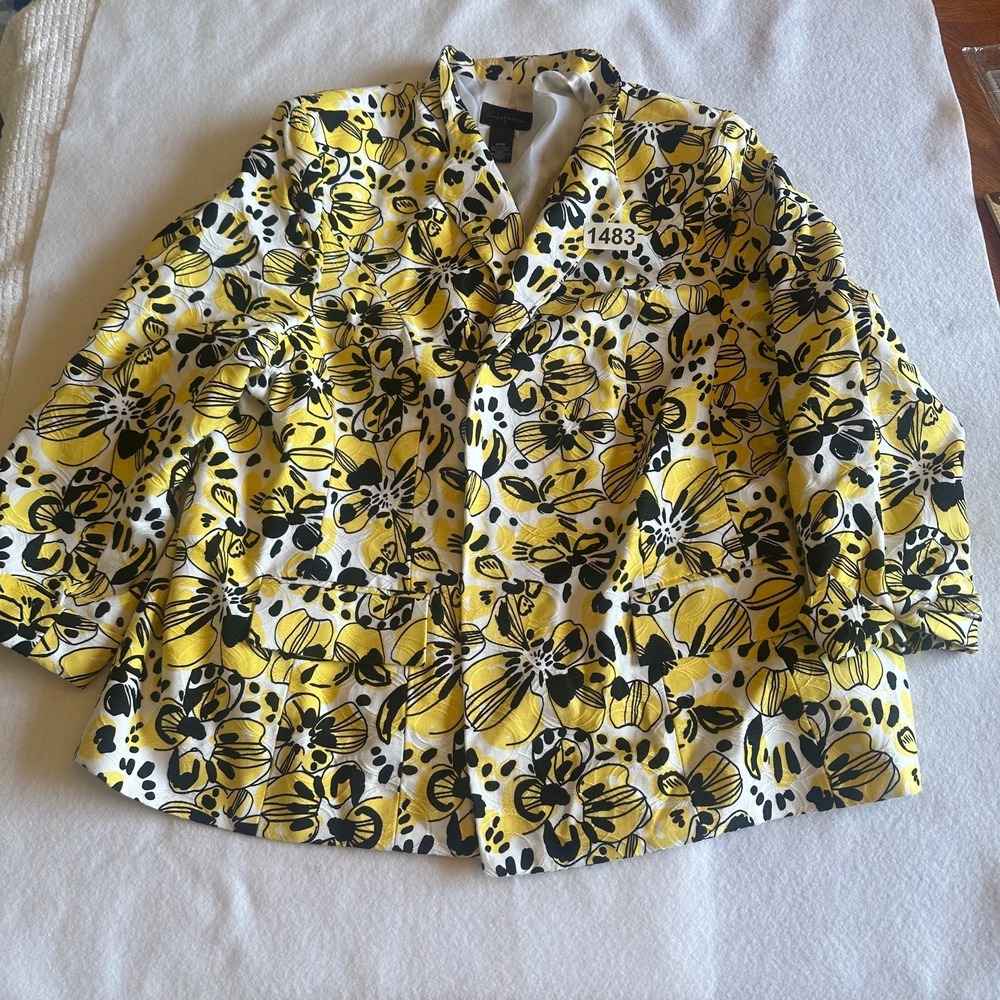 Investments Women Yellow Black Floral Blazer Jacket 24W Plus Size Cotton Vibrant